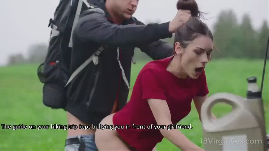 Caption Cheating Cuckold gf Hair Pulling Humiliation Outdoor Public Rough Standing Doggy Porn GIF